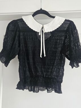 Black Sheer Peasant Blouse with White Scalloped Collar